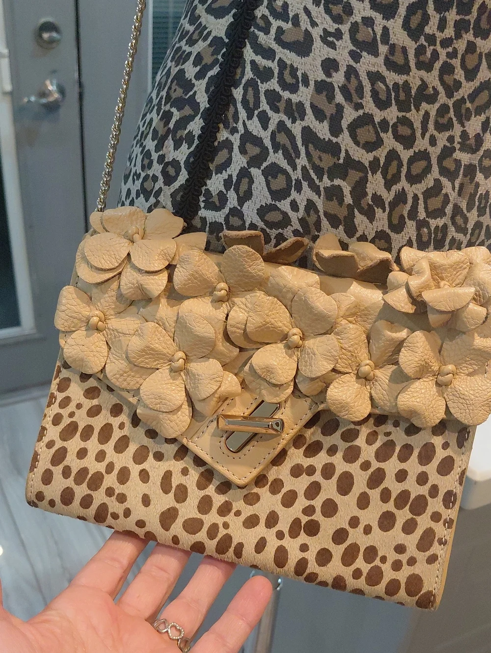 Floral Applique Calf Hair Leopard-Print Crossbody Bag in Beige - Picture 3 of 14